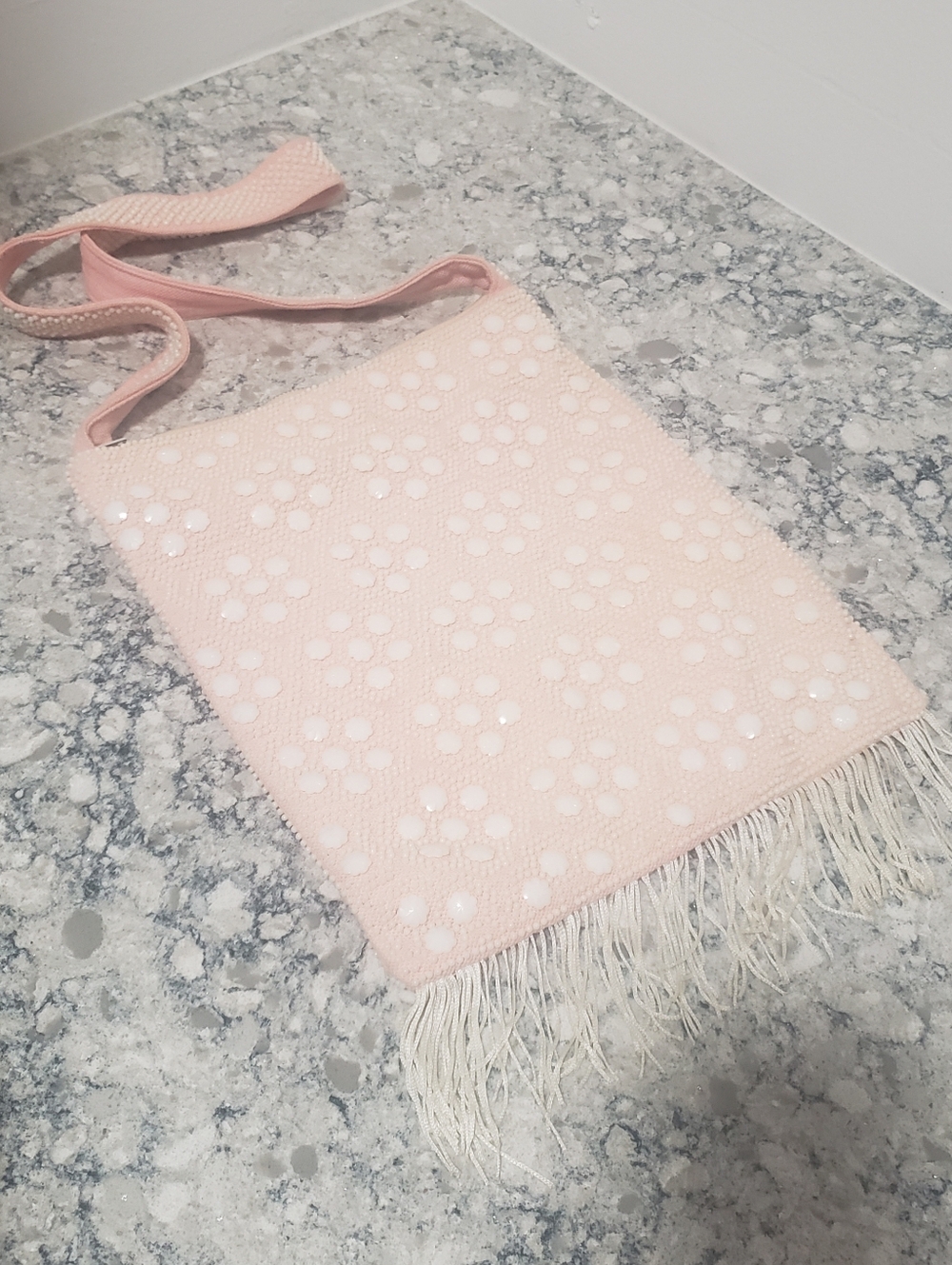 Handmade Candy Dot Beaded Shoulder Fringe Cream Flaper Style Purse